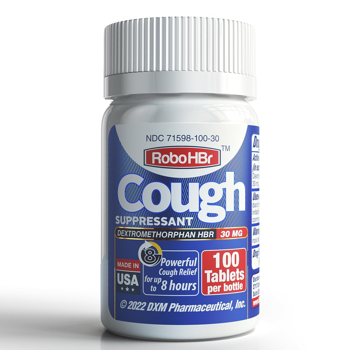 RoboHBr Cough Suppressant, Dextromethorphan HBr 30mg, 100 Tablets, 100 Doses for Effective Cough Relief