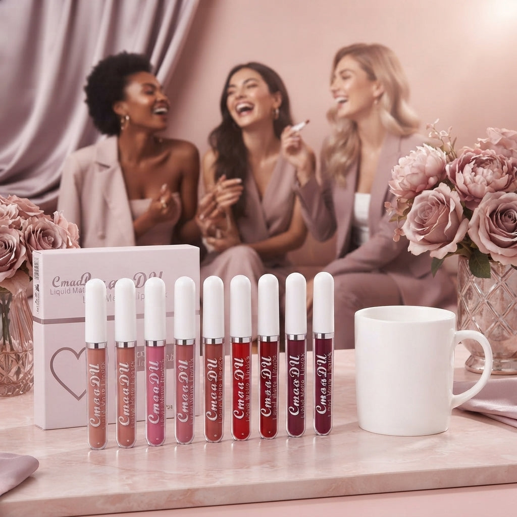 VelvetStay Lip Set of ten matte lipsticks arranged on a blush marble vanity with a clean coffee mug nearby.
