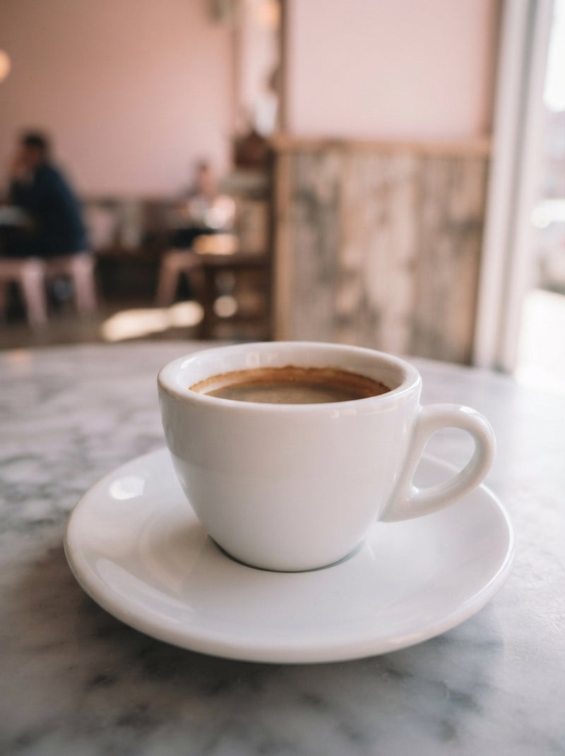 A clean white espresso cup sitting on a table with no lipstick marks on the rim, shot in natural light.