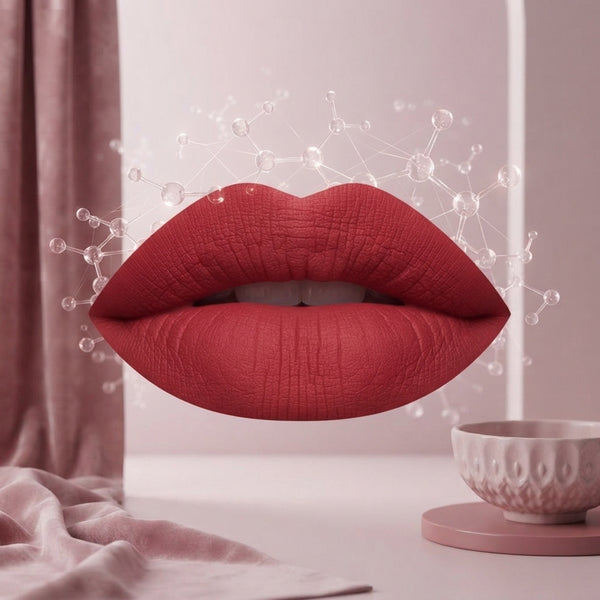 Macro shot of lips with thin matte lipstick showing a smooth, flexible finish in a professional studio setting.
